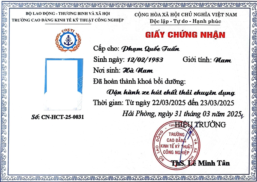 Mẫu chứng chỉ vận hành xe hút bể phốt chuyên dụng